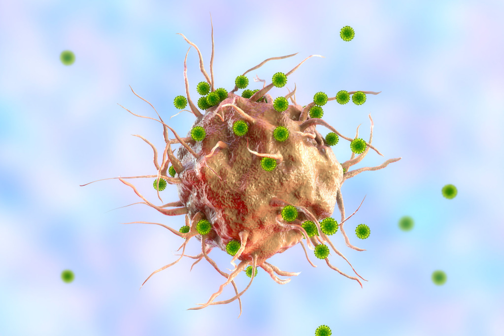 SARS-CoV-2 viruses and immune cell, illustration