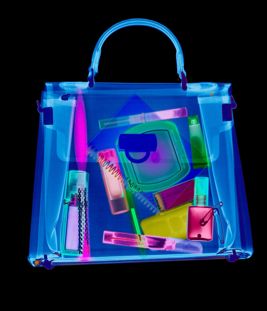 Coloured X-ray of woman's handbag showing