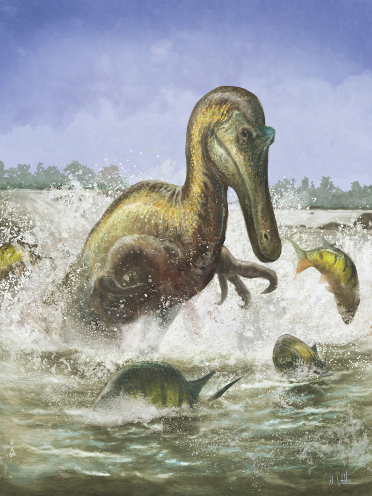 Baryonyx dinosaur fishing, illustration