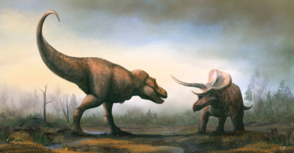 T. rex confronting a Triceratops, illustration