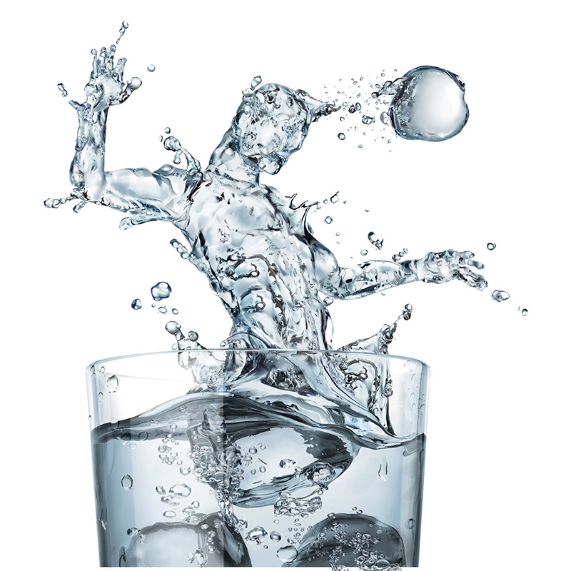 Glass of water with a splash shaped as a football player heading the ball -conceptual computer artwork.